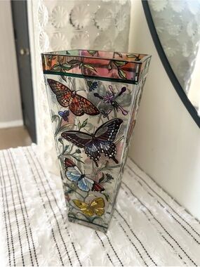 Hand Painted Stained Glass
Vase Butterfly Floral 10" Colorful Decor